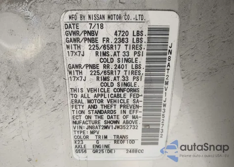 2018 Nissan Rogue Sv from USA, damaged, VIN JN8AT2MV1JW352732
